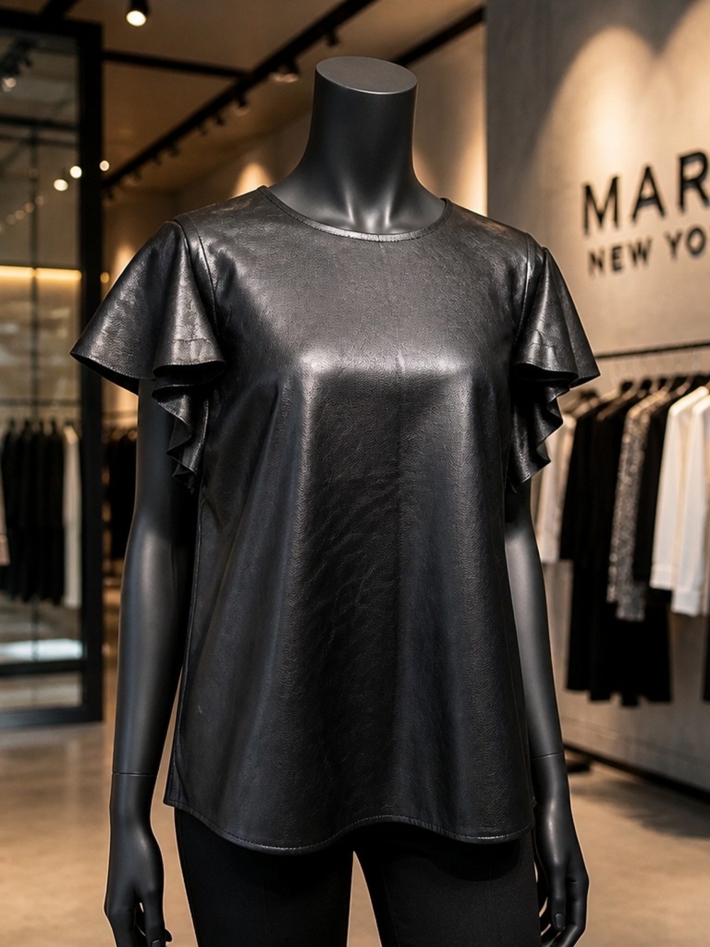 Marc New York 2X Flutter Sleeve Faux Leather Top Black Alternative Office Siren